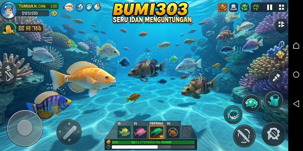 Screenshot utama BUMI303 menampilkan aksi menembak ikan yang seru.