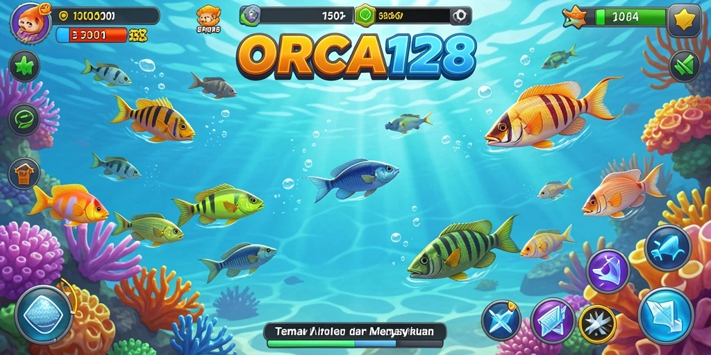 Tampilan gameplay ORCA128 dengan aksi menangkap ikan yang seru.