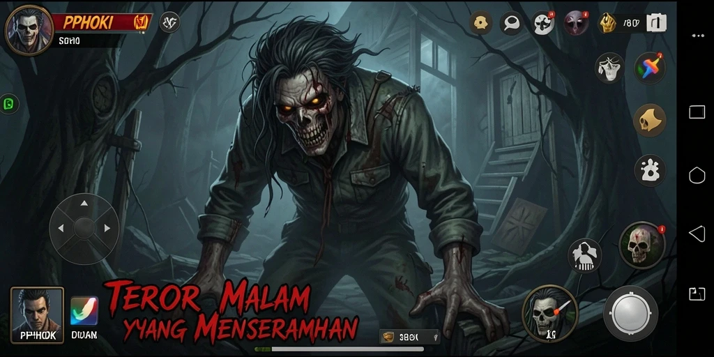 Screenshot gameplay PPHOKI menampilkan momen menyeramkan di dalam kegelapan.