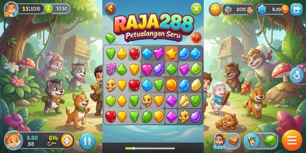 Screen utama RAJA288 yang menunjukkan kombinasi seru dalam Match-3.