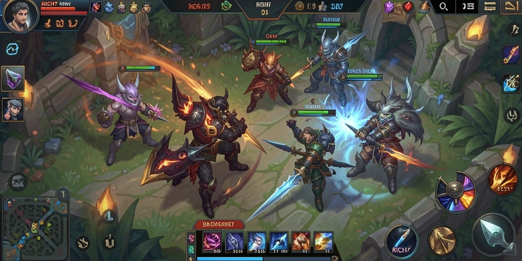 Tampilan gameplay mendebarkan dalam pertarungan MOBA RICH7.