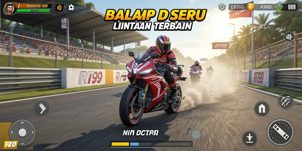 Screenshot utama RT99 menunjukkan aksi balap motor yang mendebarkan.