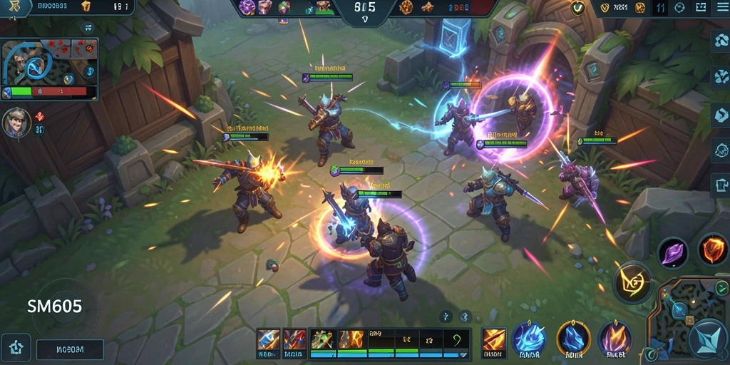 Tangkapan layar utama dari gameplay MOBA SM605 yang mendebarkan.